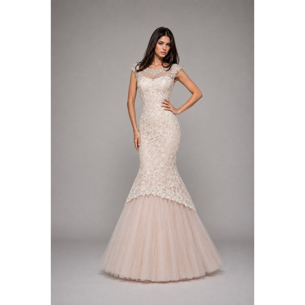 Sherri Hill 51114‎ Ivory Lace Mermaid Gown – Beaded Cap Sleeve Formal Dress Sz 4